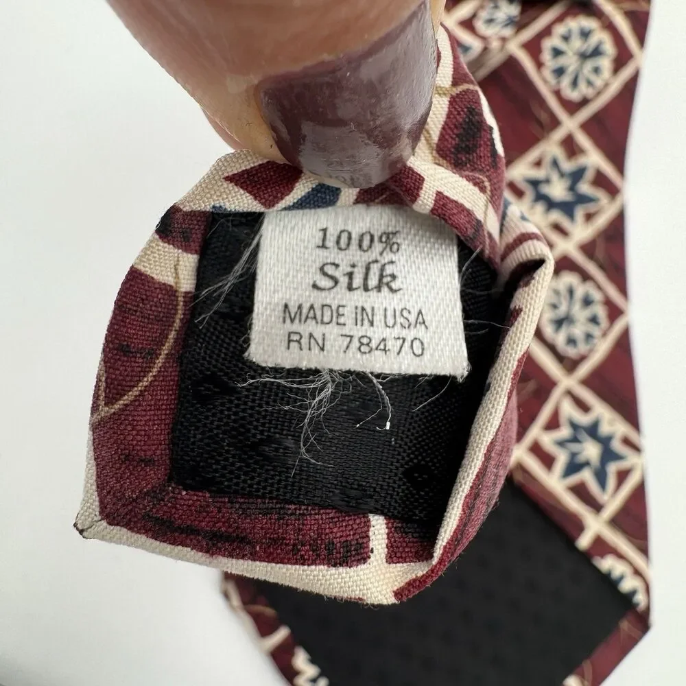 Vintage Gordon Ferguson Burgundy Silk Necktie Navy Blue Abstract Geometric